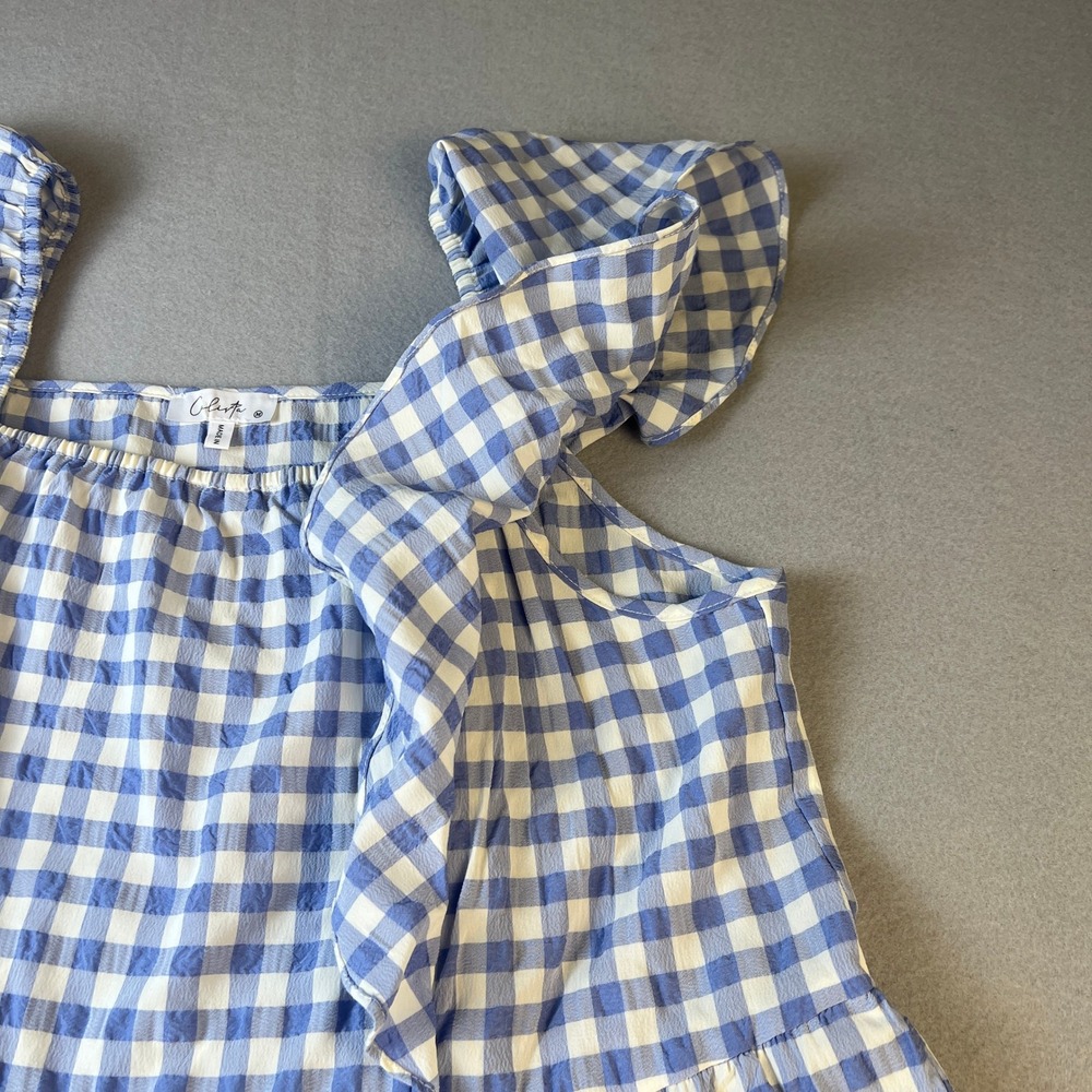 Gingham Tiered Midi Dress Womens Medium Blue White Ruffle Summer Cottagecore - Picture 5 of 10